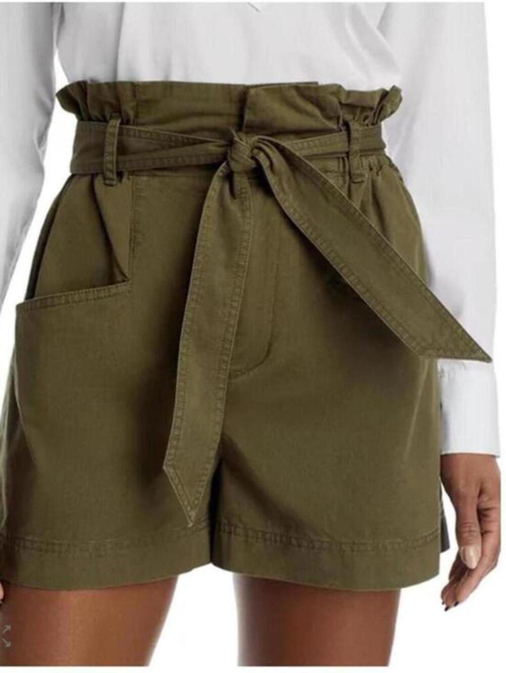 Vanessa Bruno Adriel Shorts FR 40 Olive Paperbag Waist Belted Utility High Waist